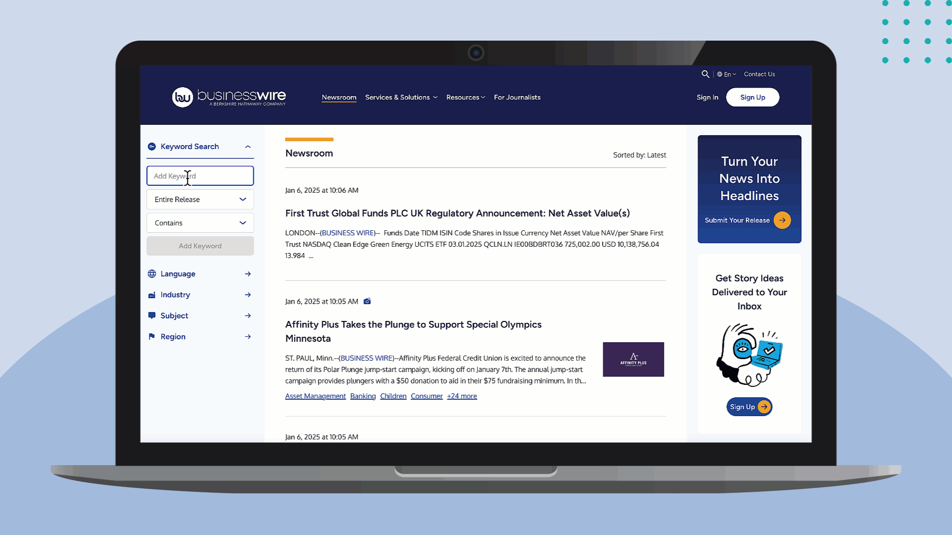 Filtering options available in Business Wire's newsroom