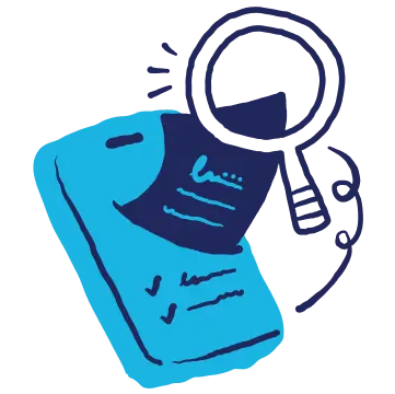 hand drawn illustration of a magnifying glass looking at a smart phone with documents